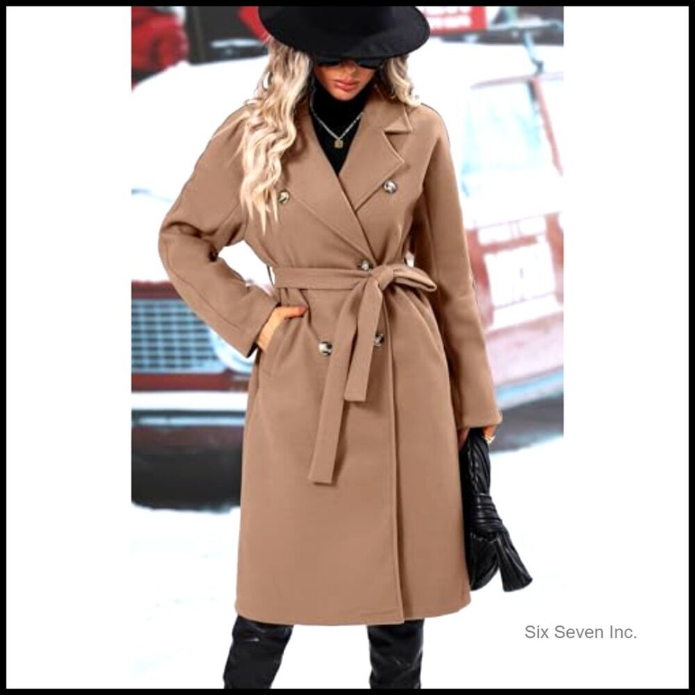 Wool Blend Double Breasted Pea Coat with Belt and Pockets - Picture 2 of 5